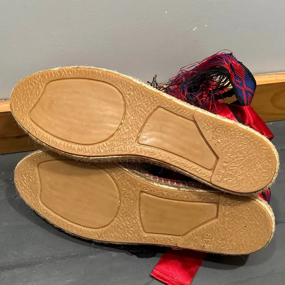 Free People Maya Red Leather Espadrille with Ribbon Ankle Ties - size 39, US 8.5
